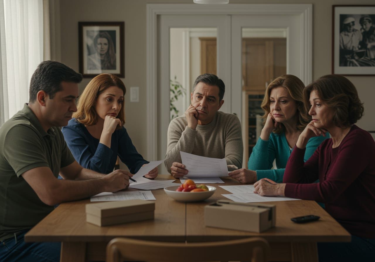 Familia revisando documentos financieros con preocupación