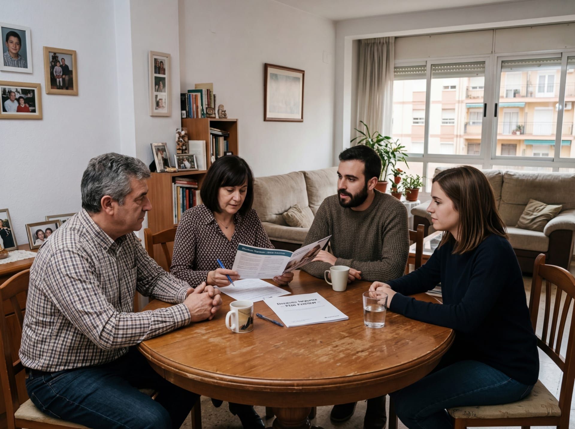 Familia tomando decisiones financieras en casa